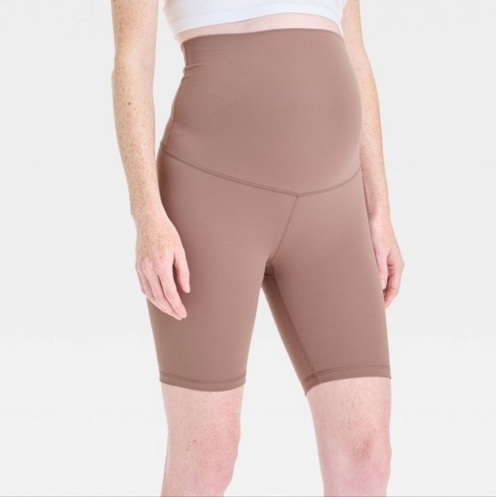 Isabel Maternity High-Rise Active Bike Shorts - Taupe - NWT